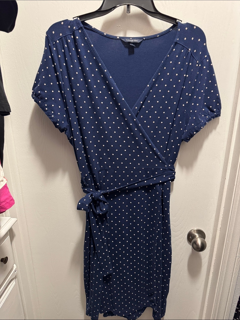 Lands' End Navy Polka Dot Wrap-Style Midi Dress
